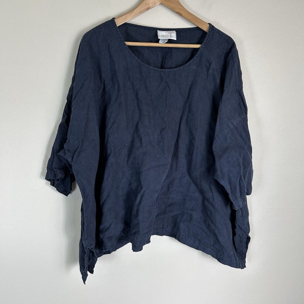La Fixsun Size M 100% Linen V Neck Double Layer Top Aqua Long Sleeves Coastal